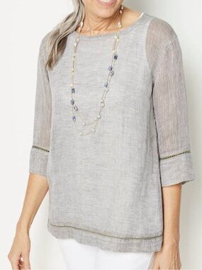J. Jill Blouse 100% Linen Sheer Grey Size Small